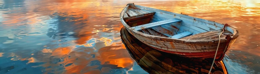 Photorealistic close-up view of a rustic wooden boat on calm water