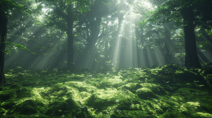 Obraz premium sun rays in the forest with natural beauty 