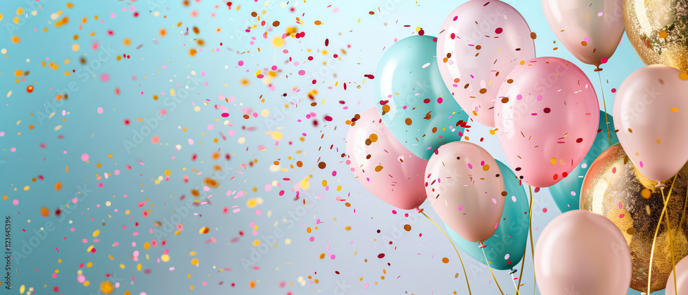 Wall mural confetti and balloons float amid blue, banner