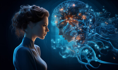 A woman closely examines a brain glowing with light, representing artificial intelligence and human brain connection.