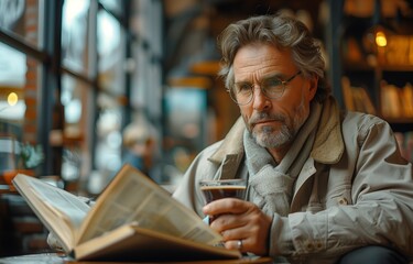 Middle aged man enjoys coffee and reads a book while sitting at a table in a cafe