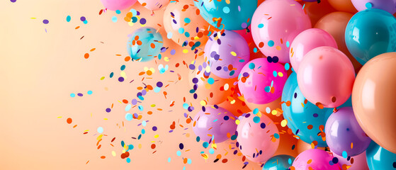 Pink background filled with balloons and confetti, banner