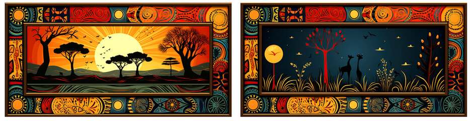 A vibrant landscape wall piece reflecting traditional African tribal art. Decorative tribal folk art.