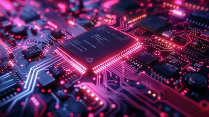 Obraz premium An of a computer chip with glowing pink highlights. The chip is labeled 