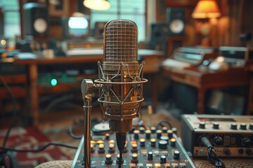 A professional-looking microphone sits on a soundboard in a recording studio