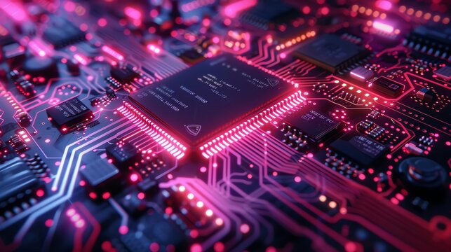 An of a computer chip with glowing pink highlights. The chip is labeled "Intel Core i7."