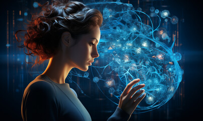 A woman observing a glowing artificial intelligence brain emitting light in dark azure and blue tones.