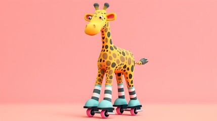 Whimsical Giraffe Roller Skating on a Vibrant Pink Background