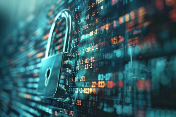 A locked padlock overlay on a digital screen displaying code, symbolizing data encryption and protection.