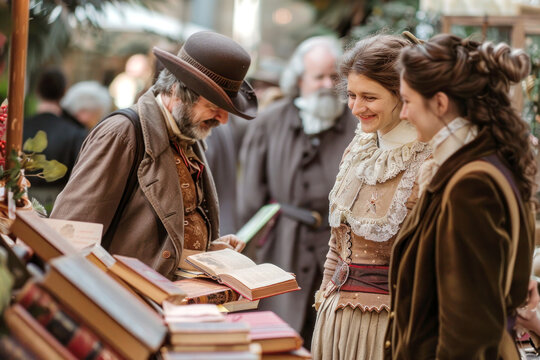 A historical reenactment at a themed book fair, participants in period costumes, antique books and decorations, authentic and immersive, cinematic