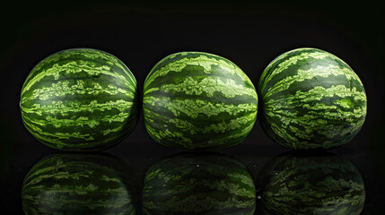 Three green watermelons on black background 