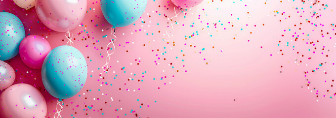 Pink and blue balloons, confetti on pink background, banner
