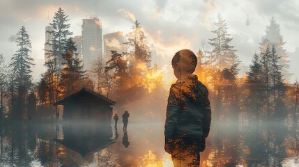 A child stands in front of a house in a forest