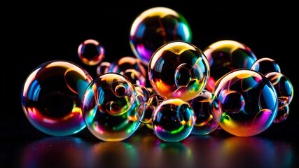 黒背景に浮かぶカラフルなシャボン玉