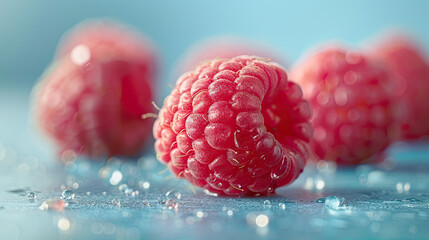 fresh red ripe raspberry on a blue background
