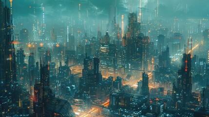 A vast, alien cityscape stretching out into the horizon, with strange, towering structures and...