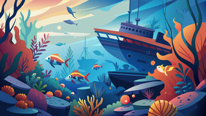 Vibrant Underwater Seascape with Sunken Ship and Marine Life. Vector illustration for World maritime day