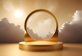 A glamorous golden product display stands with a circular backdrop, against monochrome clouds and a golden sky.
