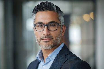 Fototapeta premium sophisticated mature man with grey hair and glasses posing in a modern office setting for business and style themes