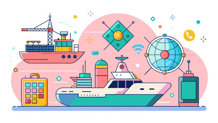 Colorful Maritime Transportation and Navigation Vector Illustration. Vector illustration for World maritime day