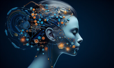 A female head with several computer circuits inside, symbolizing the integration of artificial intelligence, in the style of detailed science fiction illustrations in dark cyan and orange.