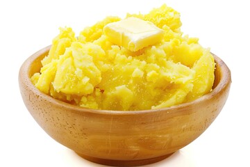 Bowl of creamy mashed potatoes with a pat of butter on a white background