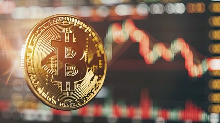 Golden bitcoin with market chart background representing cryptocurrency trading, investment, and fluctuating digital currency value.