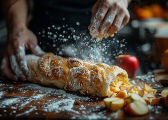 Preparation of strudel cake with apples.