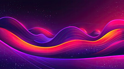 Vibrant abstract background featuring flowing neon lines in shades of purple, pink, and orange against a dark starry sky.