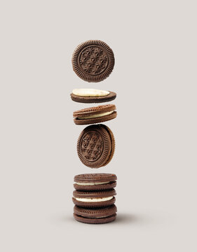 Creative layout made of chocolate cookies on the gray background. Food concept. Macro concept.