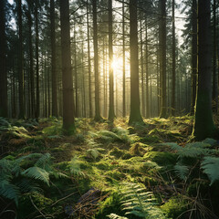 Sun shines through light spruce forest, soil overgrown with moss and fern, mountain range Deister, Lower Saxony Highlands, Niedersachsen, Germany, Europe