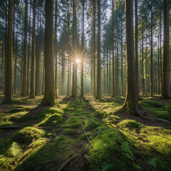 Sun shines through light spruce forest, soil overgrown with moss and fern, mountain range Deister, Lower Saxony Highlands, Niedersachsen, Germany, Europe