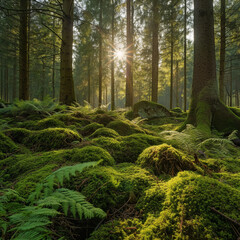 Sun shines through light spruce forest, soil overgrown with moss and fern, mountain range Deister, Lower Saxony Highlands, Niedersachsen, Germany, Europe