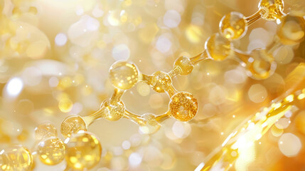 abstract golden molecular structures background with shining bokeh for scientific and cosmetic presentations