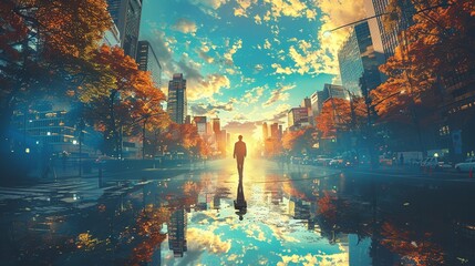A man walks through a city street with a beautiful sunset in the background
