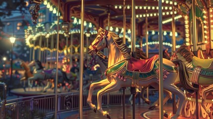 A vintage carousel with brightly painted horses and calliope music playing in the background.
