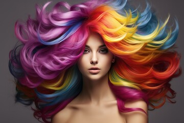 Stunning portrait of a model with flowing multicolored hair in a dynamic swirl
