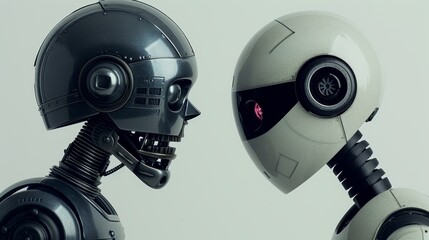 Two highly detailed robotic heads facing each other against a plain background, highlighting futuristic technology and artificial intelligence.