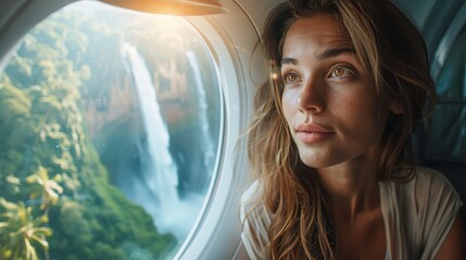 A woman with long blonde hair is looking out the window of an airplane