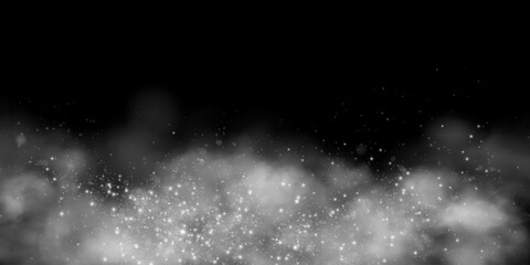 Fantastic smoke background. Magic smoke with glitter and small particles of twinkling stars, fog with glowing particles, gray vapor with stardust. Vector illustration.	