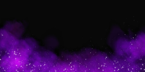 Fantastic smoke background. Purple magic smoke with glitter and small particles of twinkling stars, fog with glowing particles, multicolored steam with stardust.  Vector illustration. © andreu1990