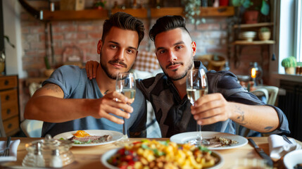 Two men toasting with glasses of champagne during a romantic dinner, capturing love, intimacy, and...