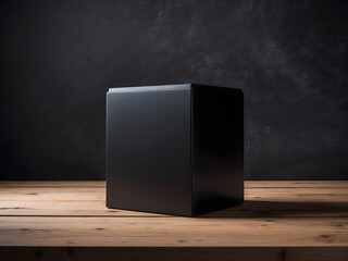 A black box is in the photo in front of a black wall on a wooden table design.