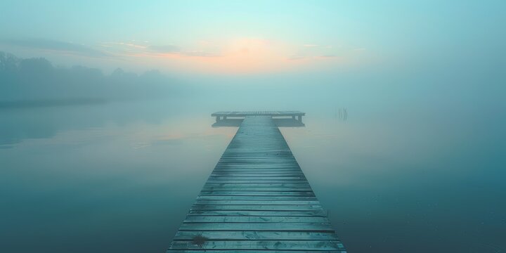 Wooden pier extending into calm water, morning mist close up, focus on, copy space, cool and peaceful colors, Double exposure silhouette with serene waterfront