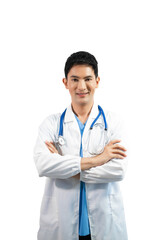 Man portrait of a doctor wearing a white coat and a stethoscope looking into the camera on a white isolated background