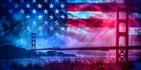Artistic blend of American flag and Golden Gate Bridge evokes nostalgia. Concept Nostalgia, American Flag, Golden Gate Bridge, Artistic Blend