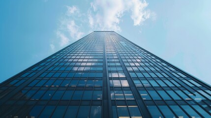 Fototapeta premium Vertical shot of a skyscraper reaching towards the sky, with dramatic perspective --ar 16:9 --style raw Job ID: 6a3390b5-4cf0-4ab9-ac9d-a4f5593d0be8