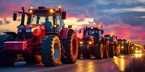 Farmers protesting tax increases and legal changes with tractors causing gridlock. Concept Farmer Protests, Tax Increases, Legal Changes, Tractor Gridlock, Political Demonstrations