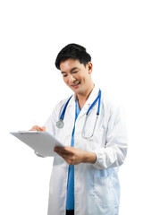 Fototapeta premium Man portrait of a doctor wearing a white coat and a stethoscope looking into the camera on a white isolated background
