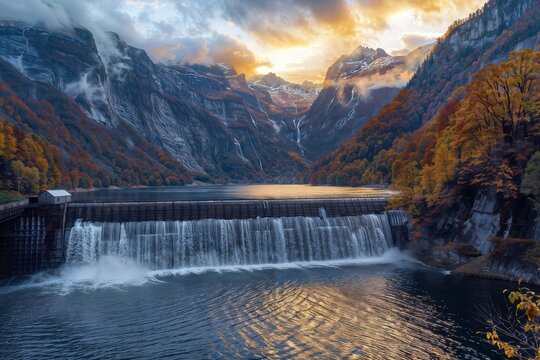 Breathtaking scenic view of a hydroelectric dam with a powerful waterfall cascading down, surrounded by majestic mountains and colorful autumn foliage reflecting in the lake below.